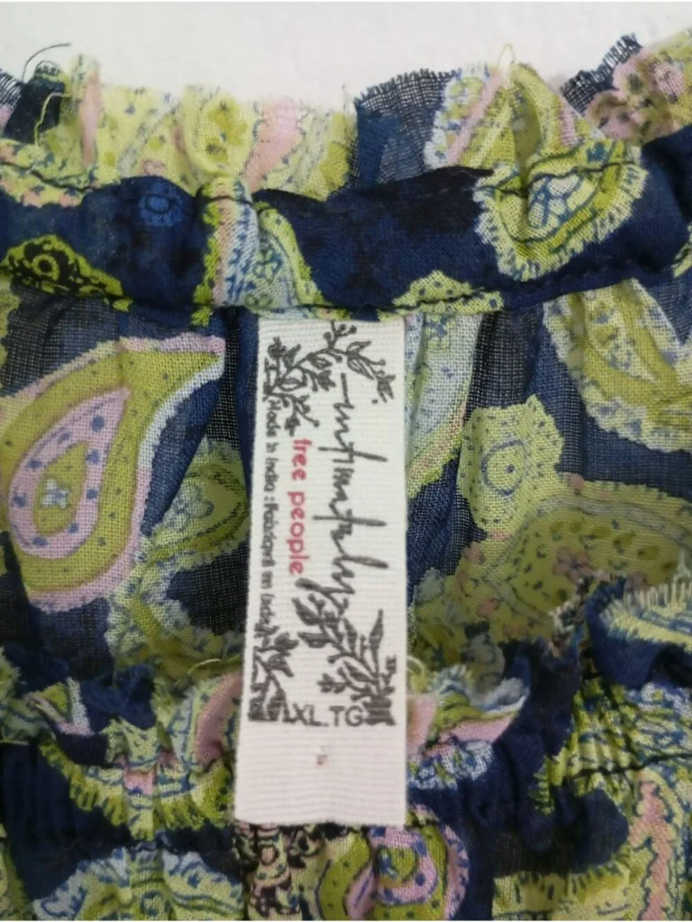 Free People Paisley Print Bodysuit Long Sleeves & Drawstring Cuffs XL Navy Green - Picture 3 of 13